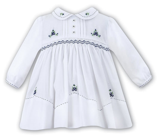 Long sleeved white/navy blue smocked dress