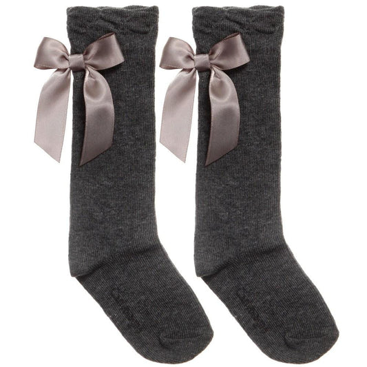 Grey Knee High Satin Bow Socks